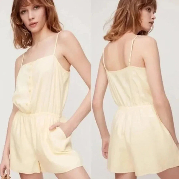 Aritzia Sunday  Best Linen Lyocell Blend Makenna Romper Pastel Yellow Sz Medium - Picture 1 of 7